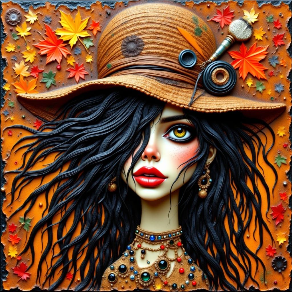 Surreal Lady in Wool Hat with Fall Background