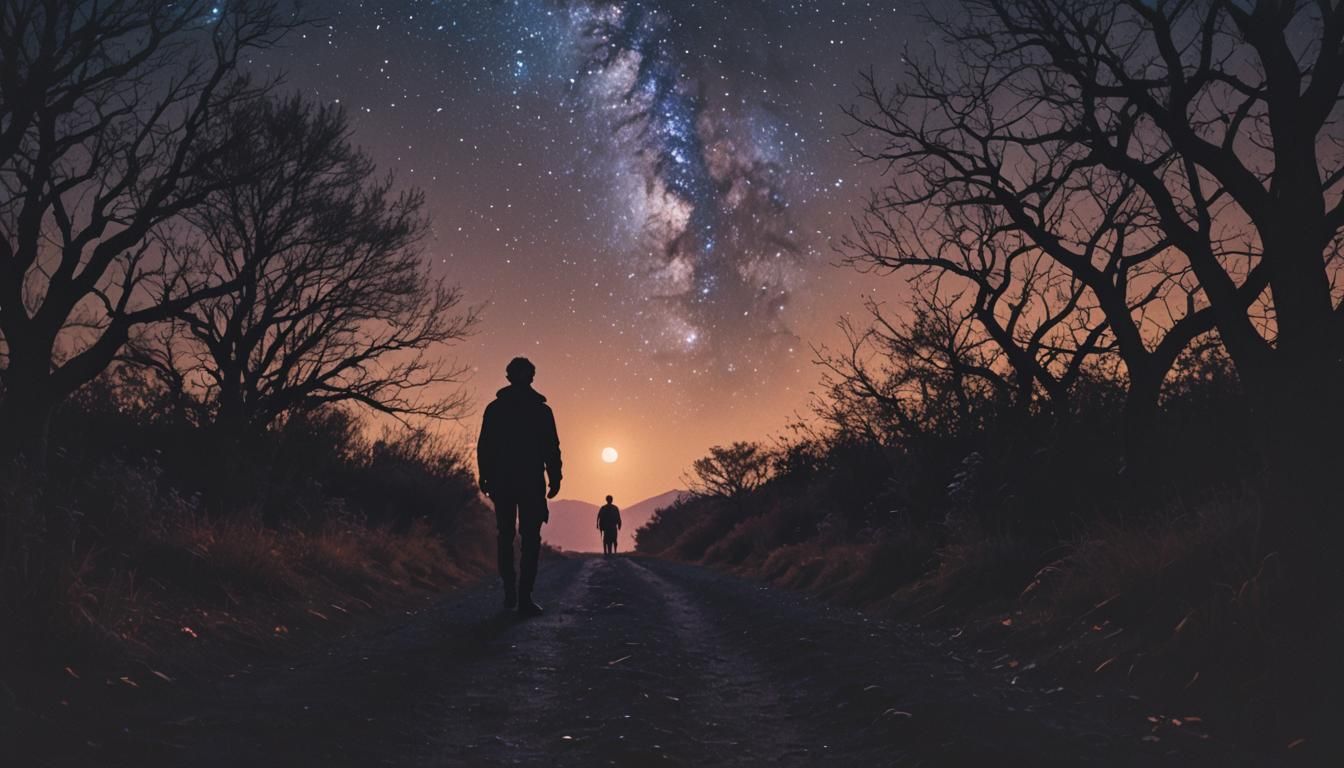 Silhouette Under Starry Night Sky: Cinematic Film Still