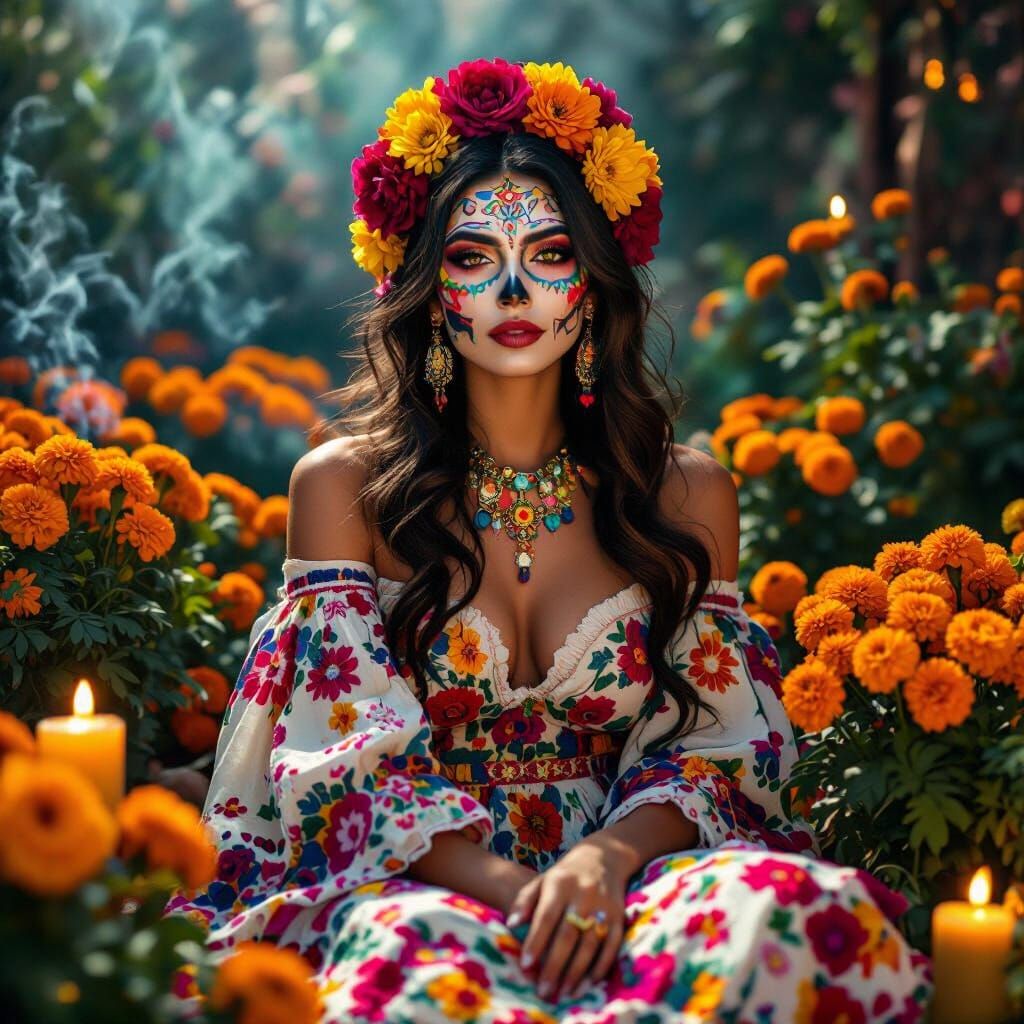 Vibrant Día de los Muertos Portrait in Hyperrealistic Style