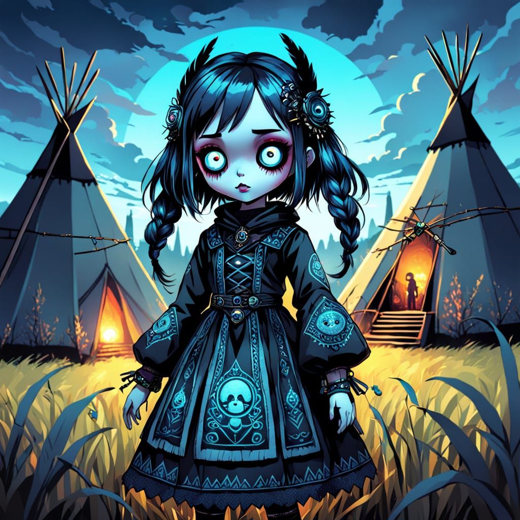 Gothic Fantasy Doll Girl in Golden Field