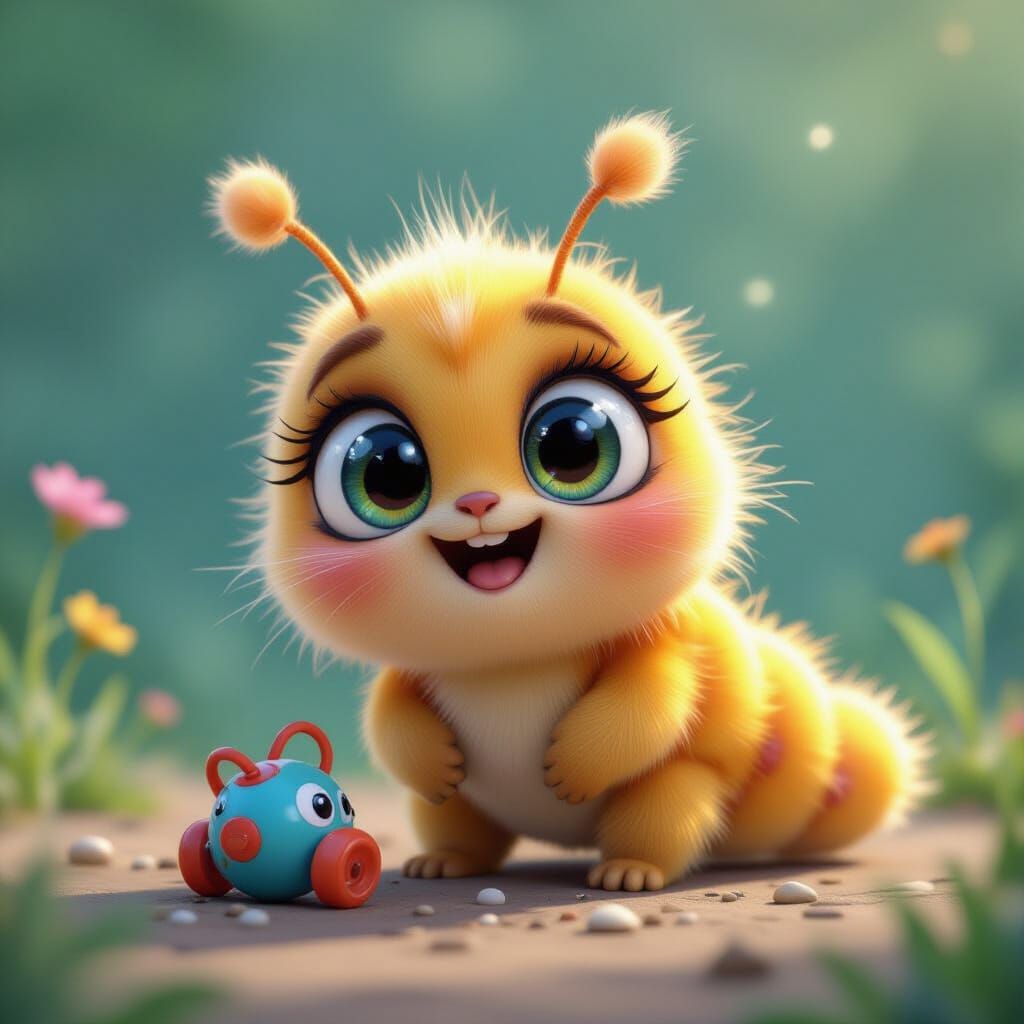 Kawaii Caterpillar Excited About New Toy as 3D Art