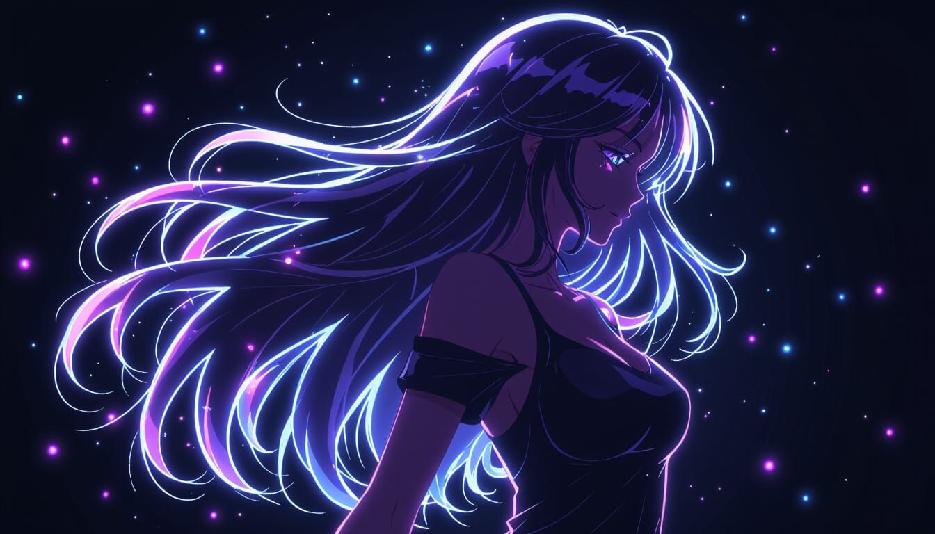 Anime Style Woman Silhouette with Neon Glow