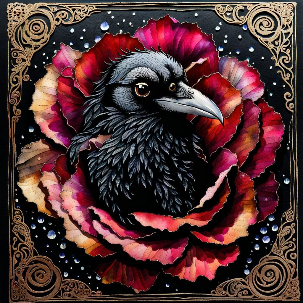 Whimsical Baby Raven in Black Rose