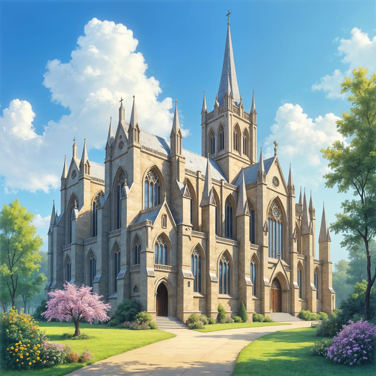Gothic Cathedral Watercolor Painting on Sunny Spring Day