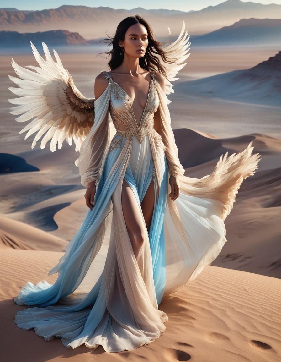 Divine woman standing tall amidst a vast, arid desert landscape
