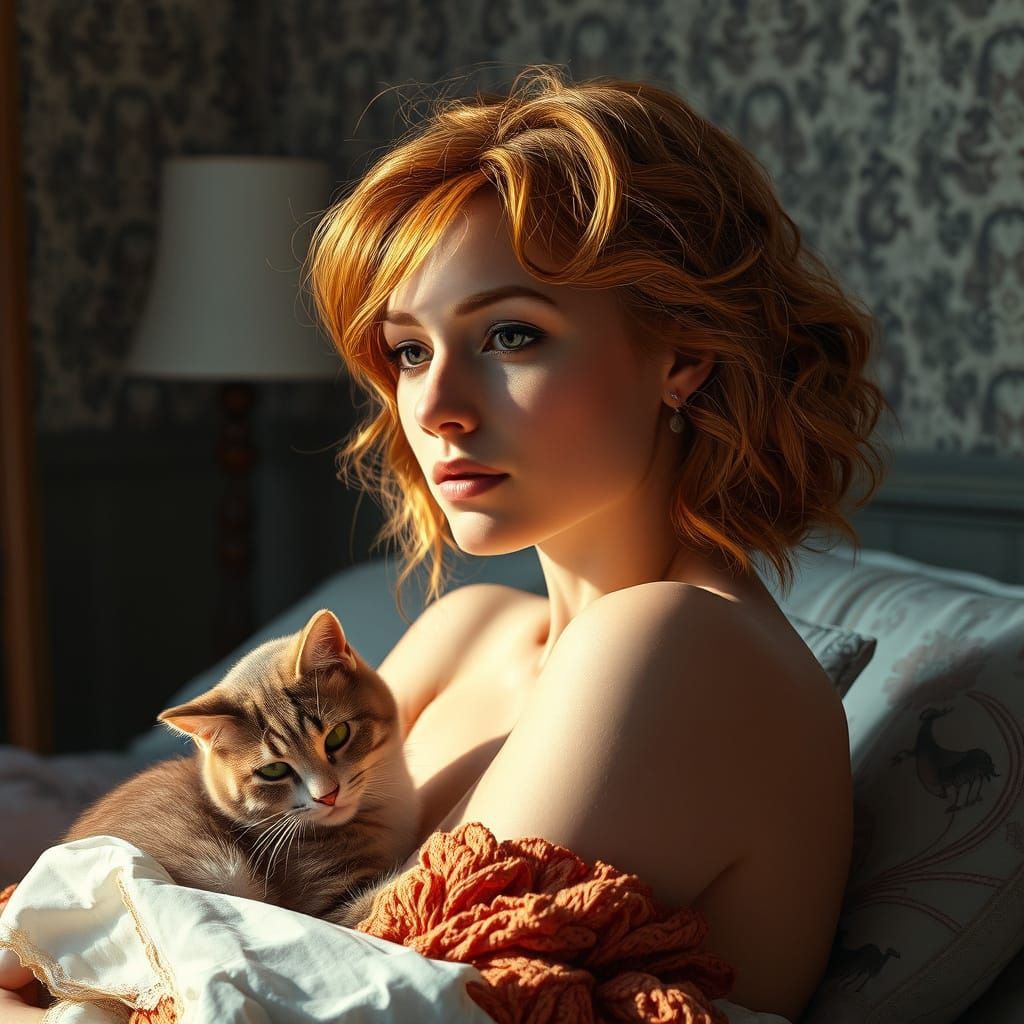 Contemplative Ginger Woman with Cat, Hyperdetailed Digital A...