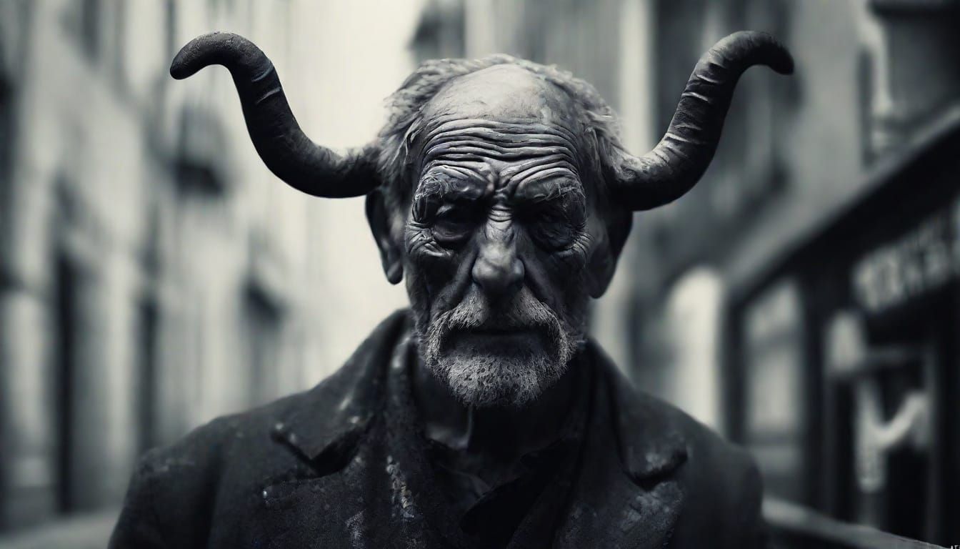 Monochromatic Portrait of Horned Hunchback in Street Art Sty...