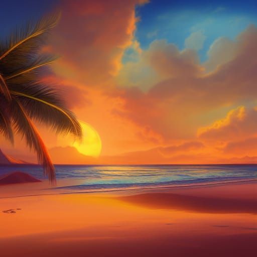 Colorful Sunset Over Sandy Beach in Fantasy Style