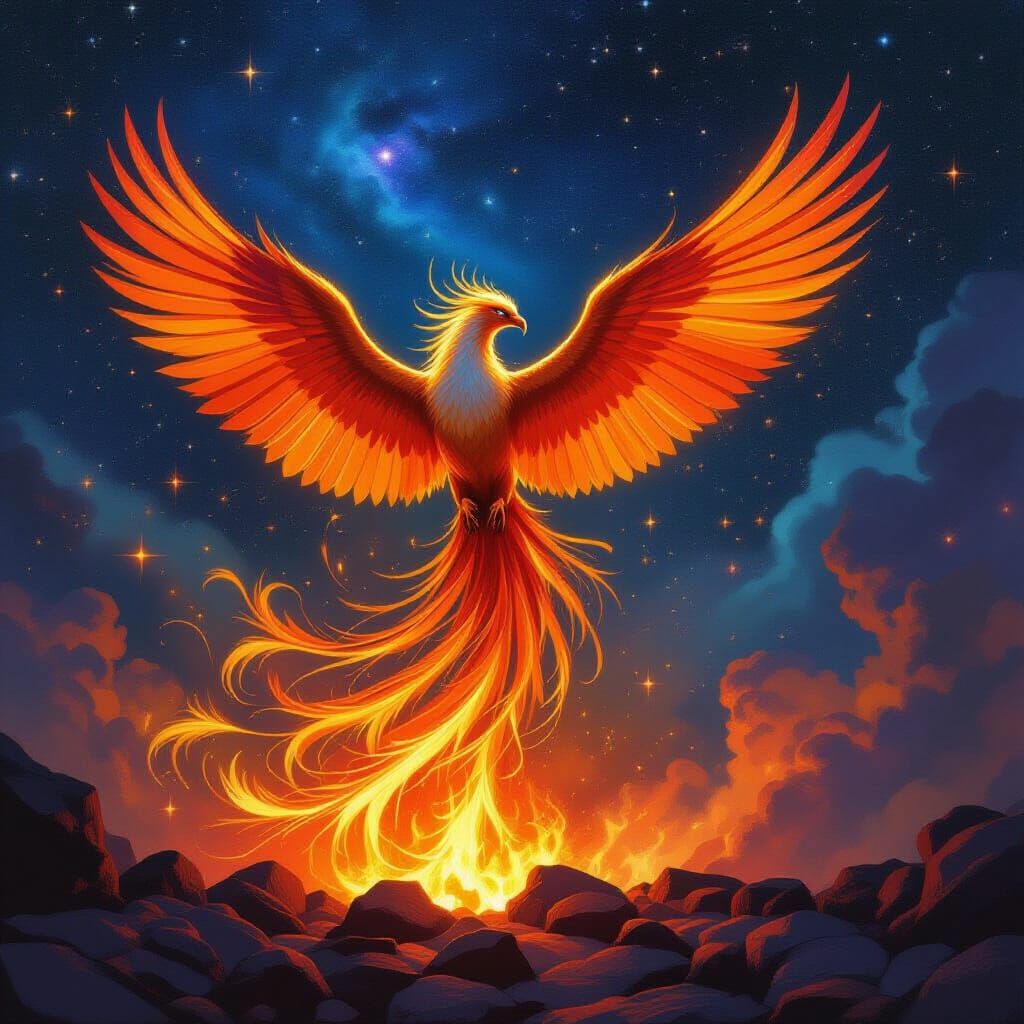 A majestic phoenix rising from a bed of glowing embers, its ...