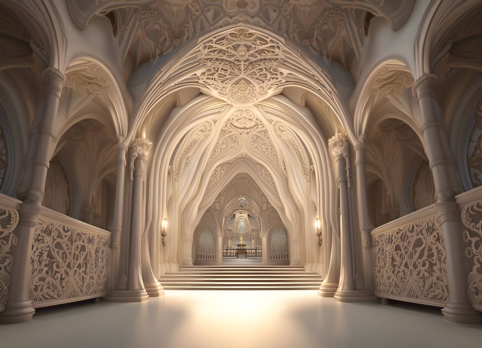 Crocheted Cathedral Interior with Dramatic Lighting