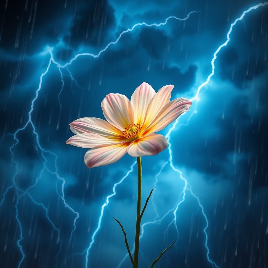 Surreal Pink Flower Blooms in Turbulent Thunderstorm