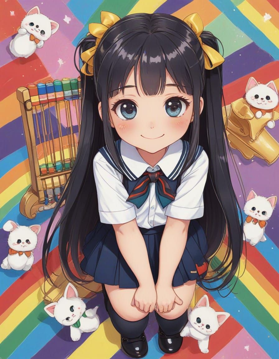 Kawaii Anime Girl with Rainbow Hair and Pet