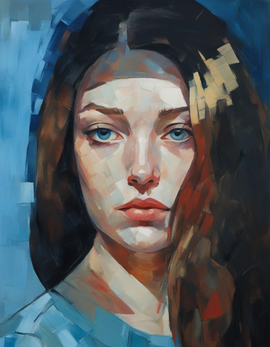 Melancholic Female Portrait in Cubist Style