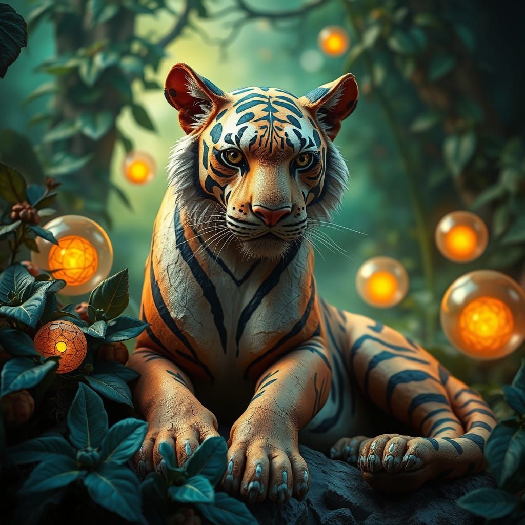 Regal Terracotta Tiger in Fantastical, Dreamlike Landscape