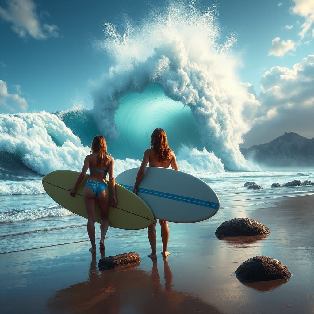 Surreal Beach Scene with Surfing Goddesses in Vibrant Colors