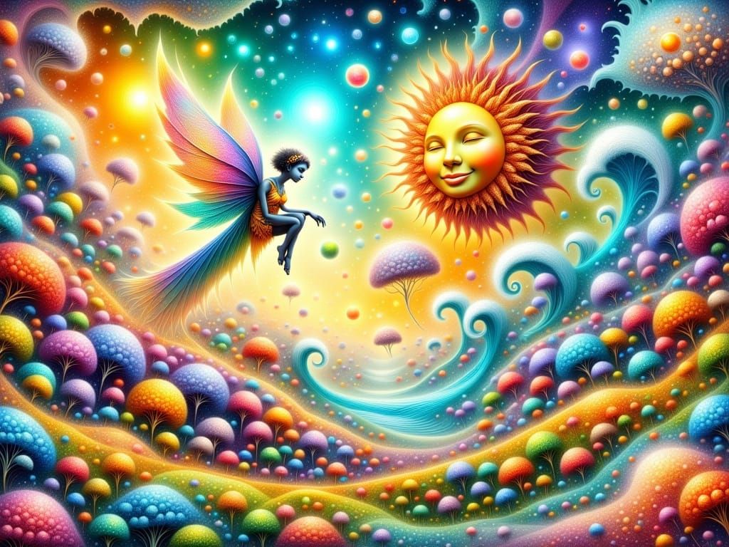 Whimsical Winged Fairy Soars Above a Fractal Spring Meadow