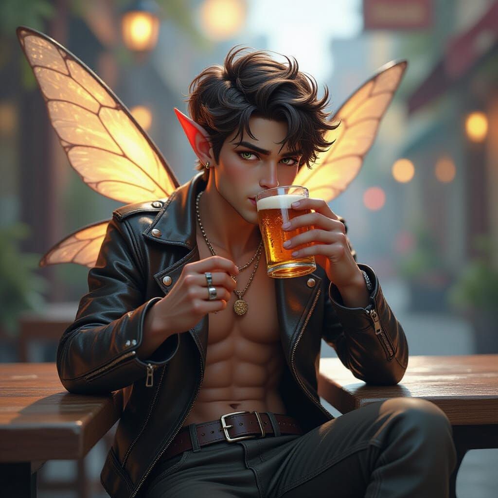 Male Fairy Drinks Beer: Hyperrealistic Digital Art