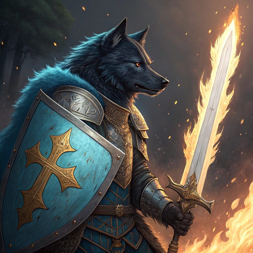 Majestic Black Wolf in Shining Blue Armor with Flaming Sword...