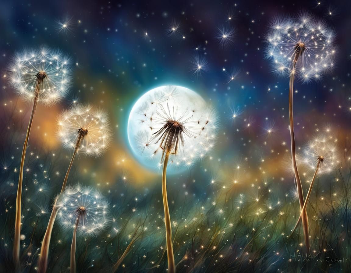 Dandelion Field Under Jeweled Stars, Color Illustration