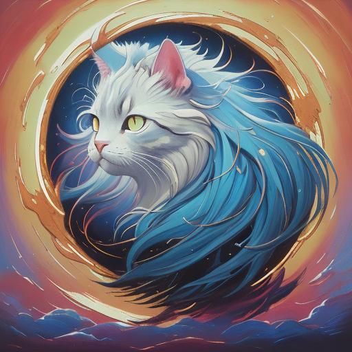 Anime Cat Stares at Moon in Impasto Oil Painting