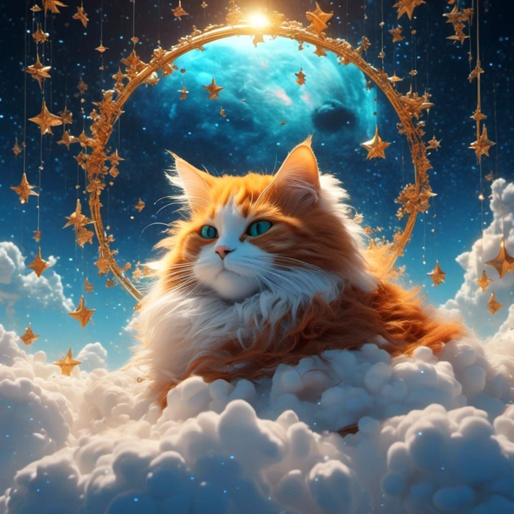 Ginger Cat Sleeping on Cloud with Stars