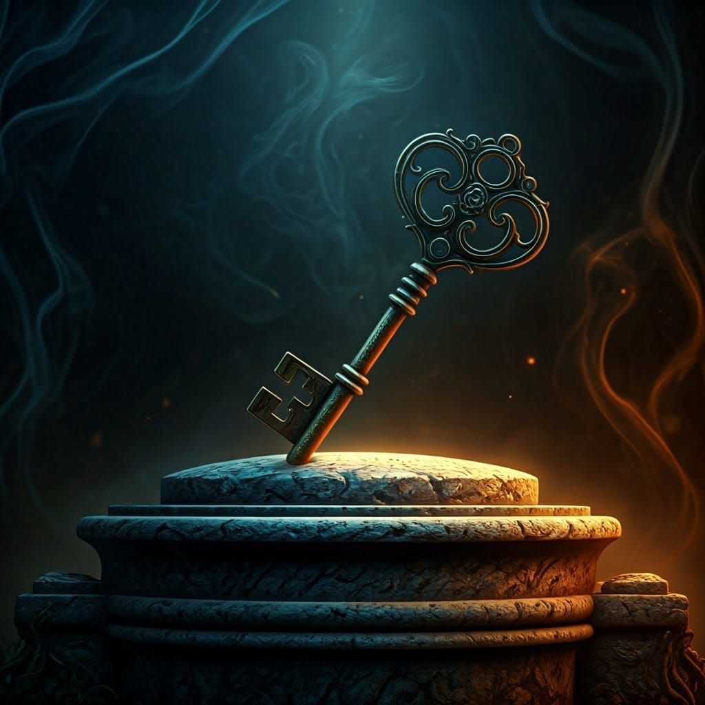 Ornate Key on Stone Pedestal in Fantasy Style
