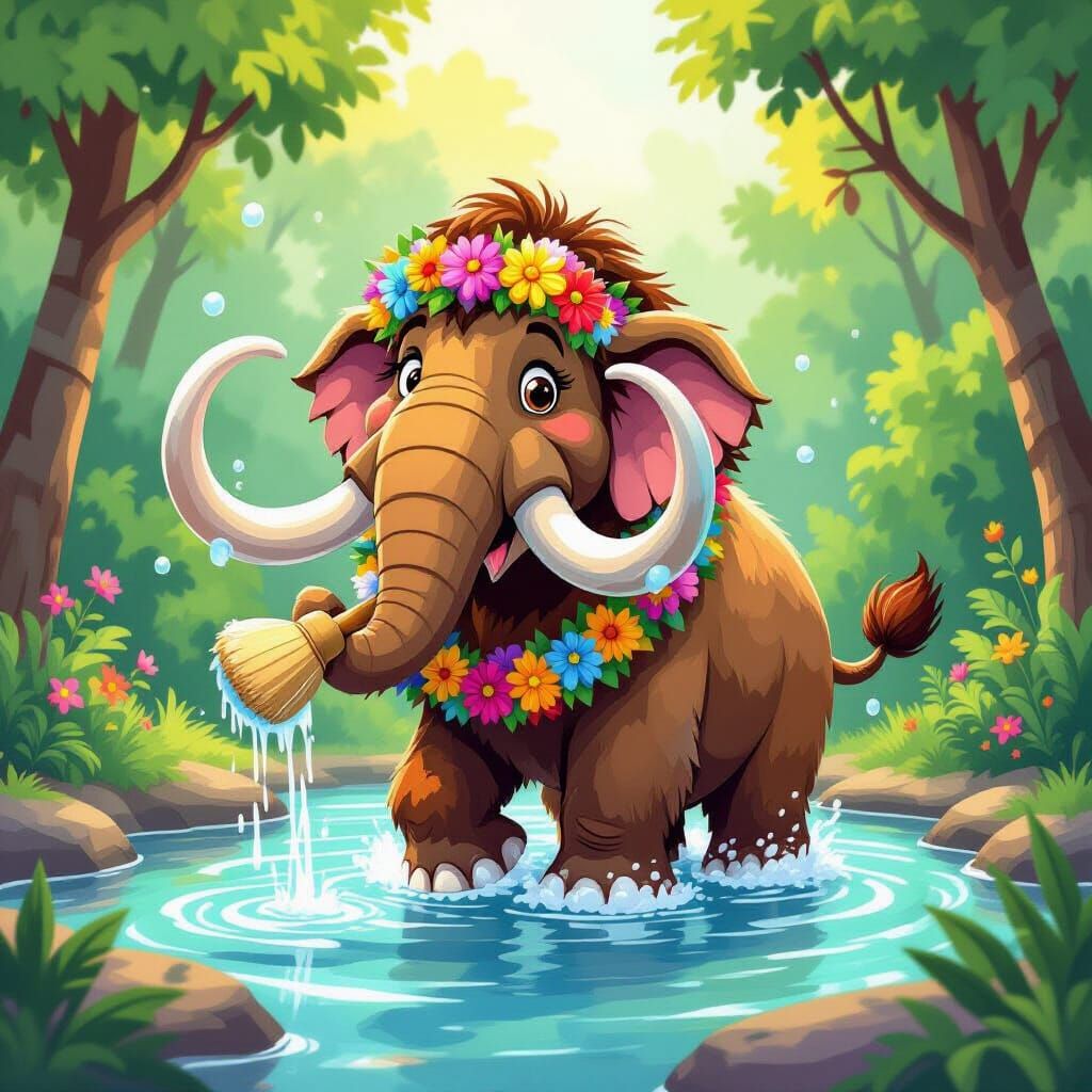 Cartoon Mammoth in Bubbly Watering Hole