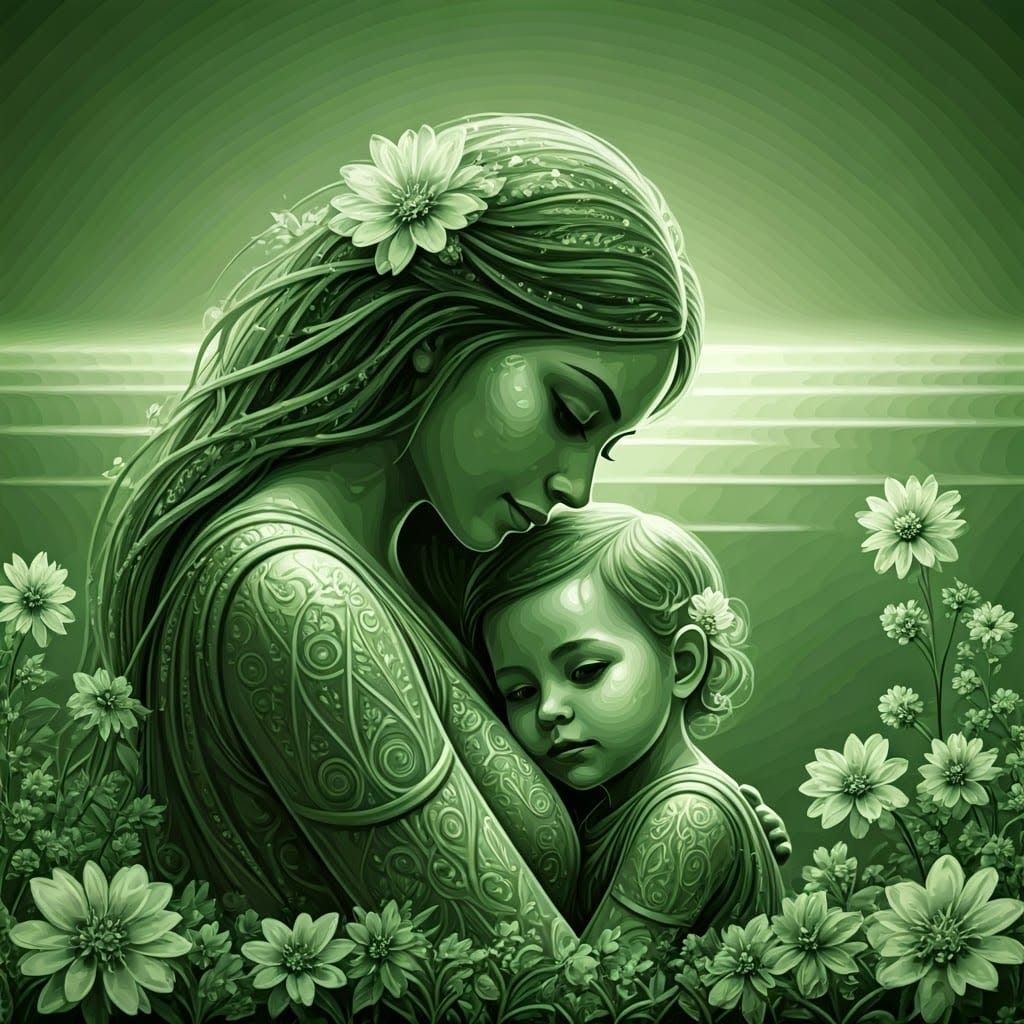 Green Dream: Mother and Child in Art Brut Style