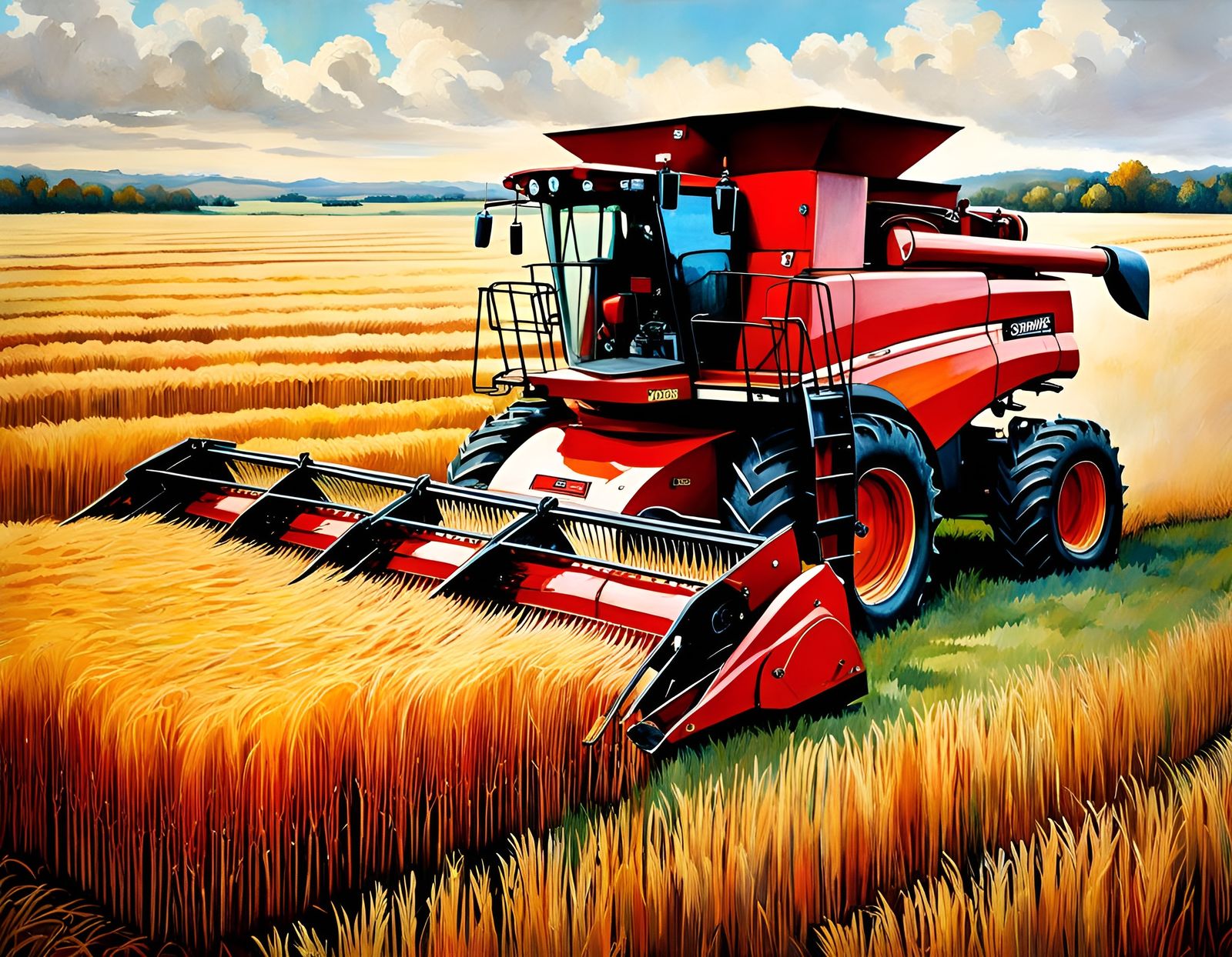 Harvesting Machines in Wheat Field: Hyperrealistic Oil Paint...