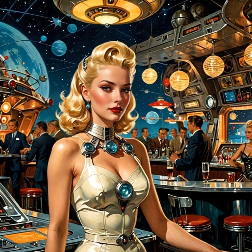 Retrofuturistic Bar Scene with Singer in Space Station