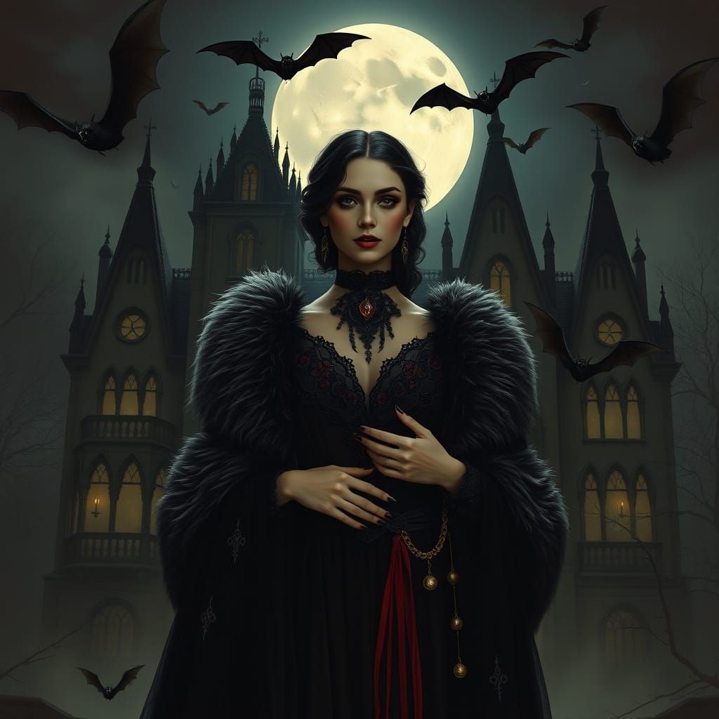 Ethereal Gothic Woman in Front of Haunted Mansion