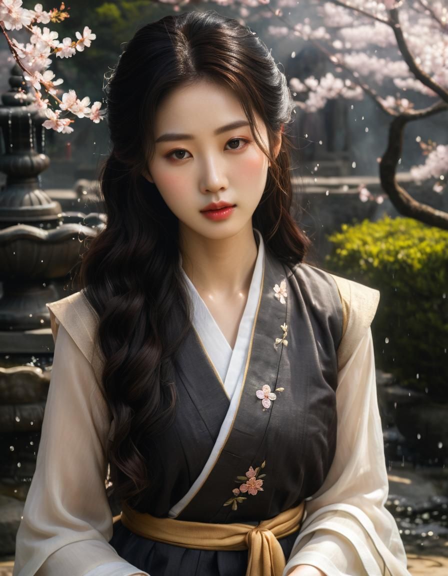 Ethereal Korean Maiden Meditating in Temple Garden