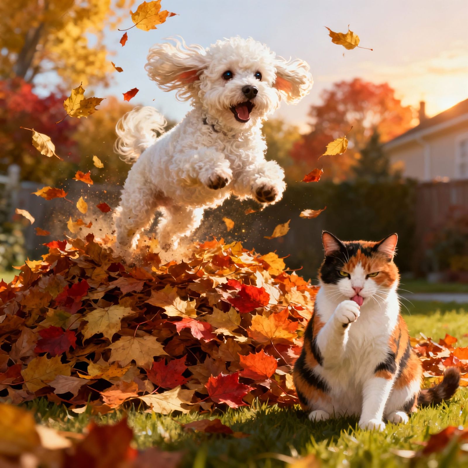 Cavapoo Leaping From Autumn Leaves, Cat Watches
