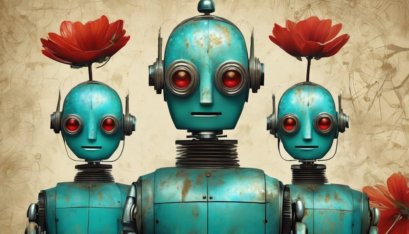 Android Robots in Impressionist Sci-Fi Garden