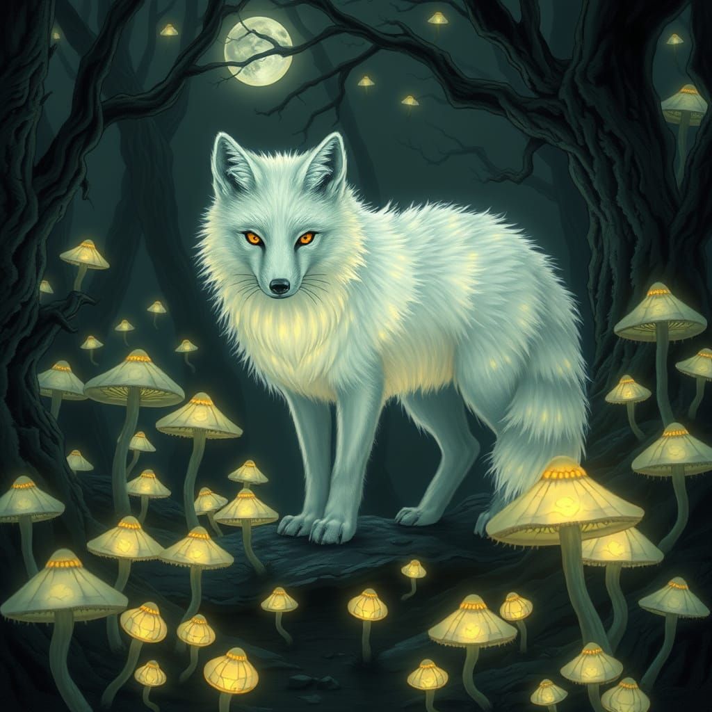 A spectral arctic fox with fur that glows with an otherworld...