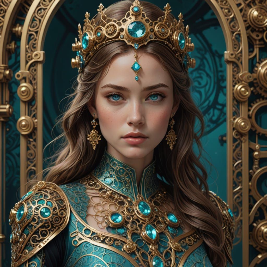 Cyberpunk Goddess in Luxurious Teal Gown with Robotic Arm