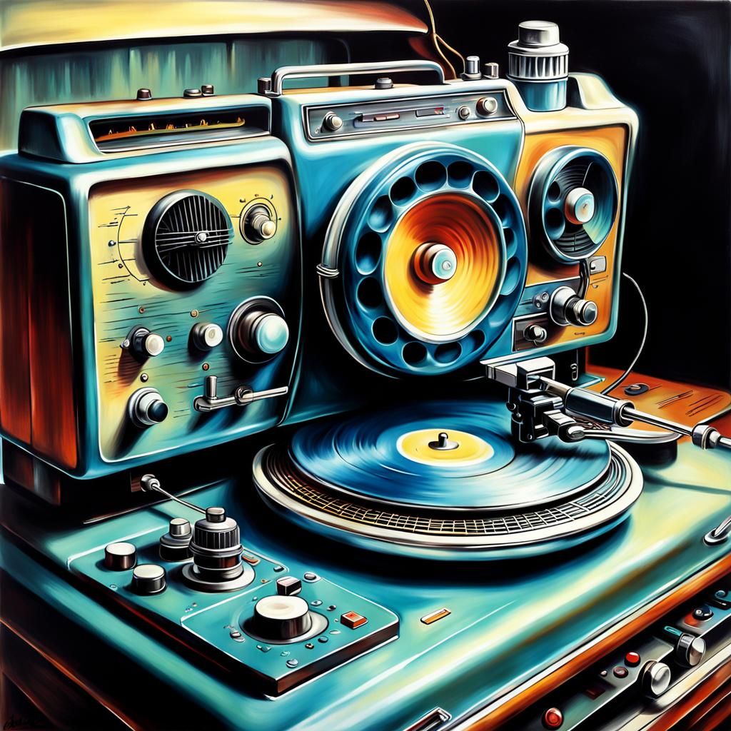 Retro Music and Technology in Oil Painting Style