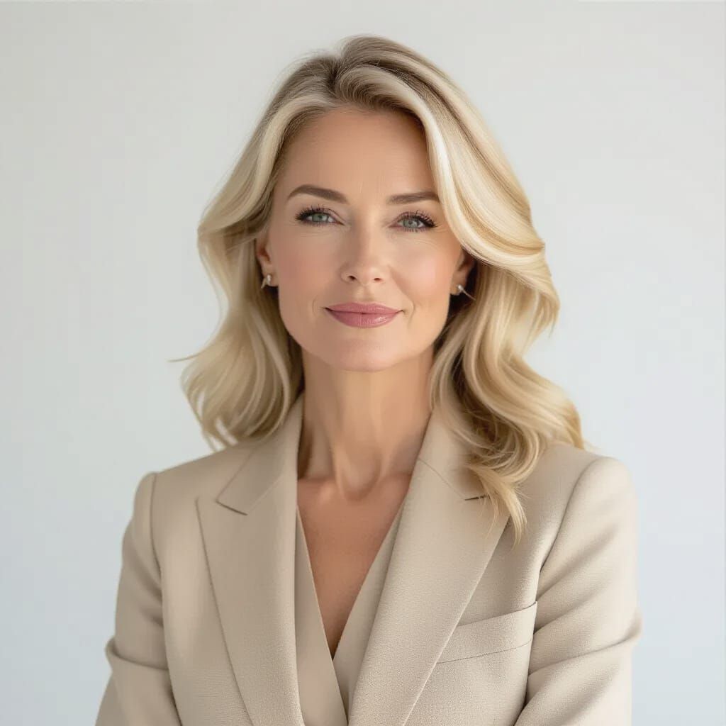 Realistic Portrait of a 49-Year-Old Woman in Beige Suit