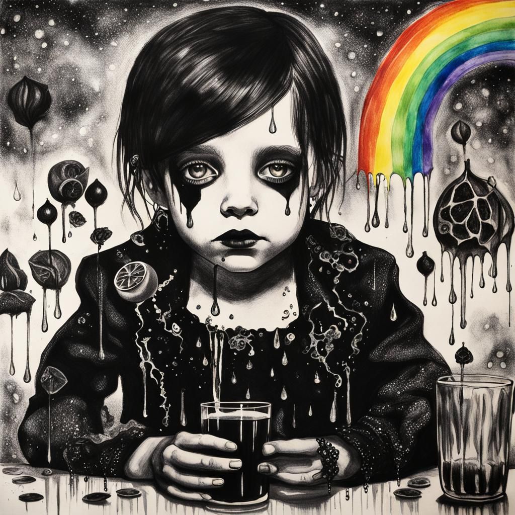 Goth Woman Swimming in Lemonade, Surreal Child Drawing