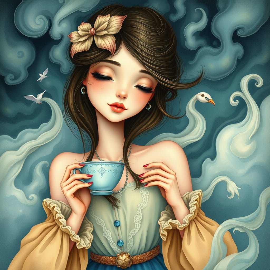 Whimsical Woman in Storm with Teacup: Dreamy Illustration