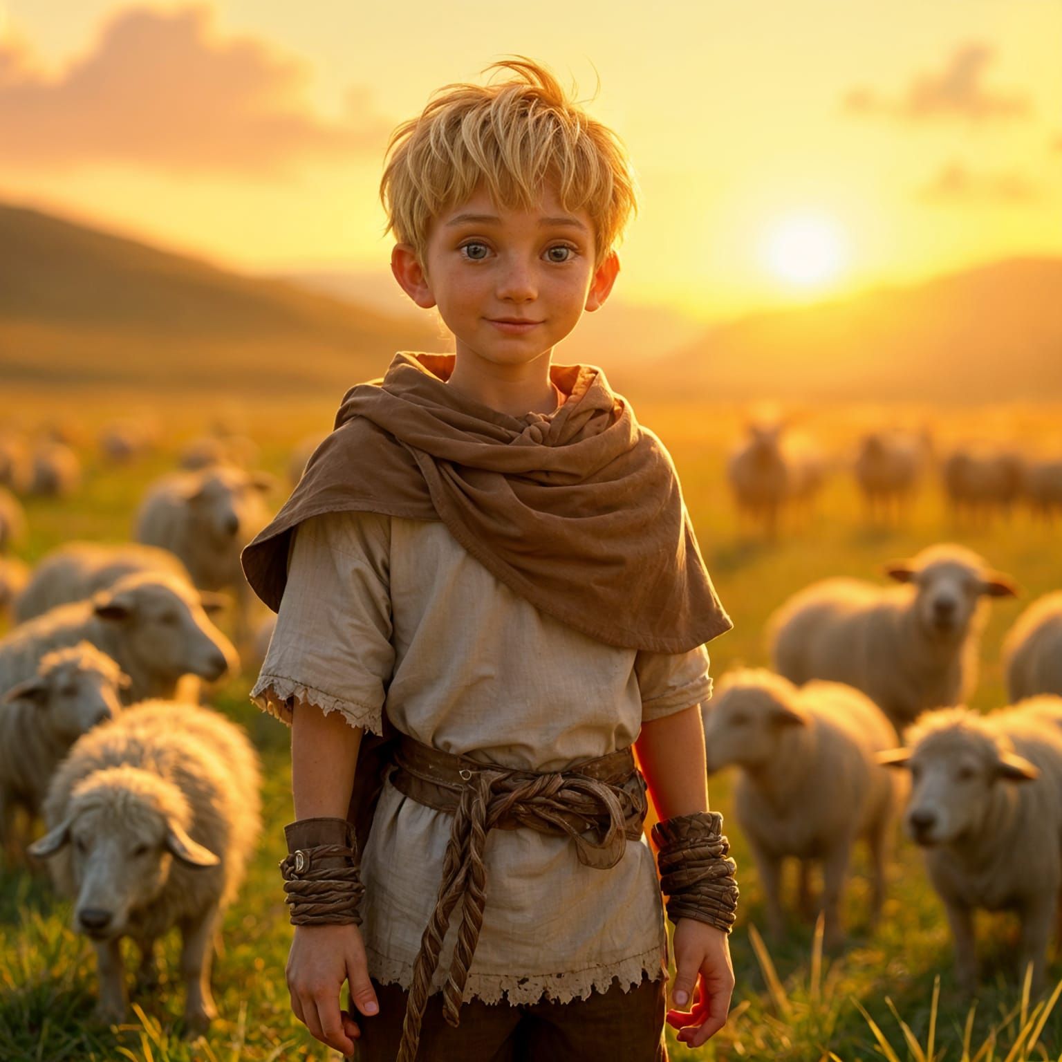 Courageous Shepherd Boy in Sunset Landscape