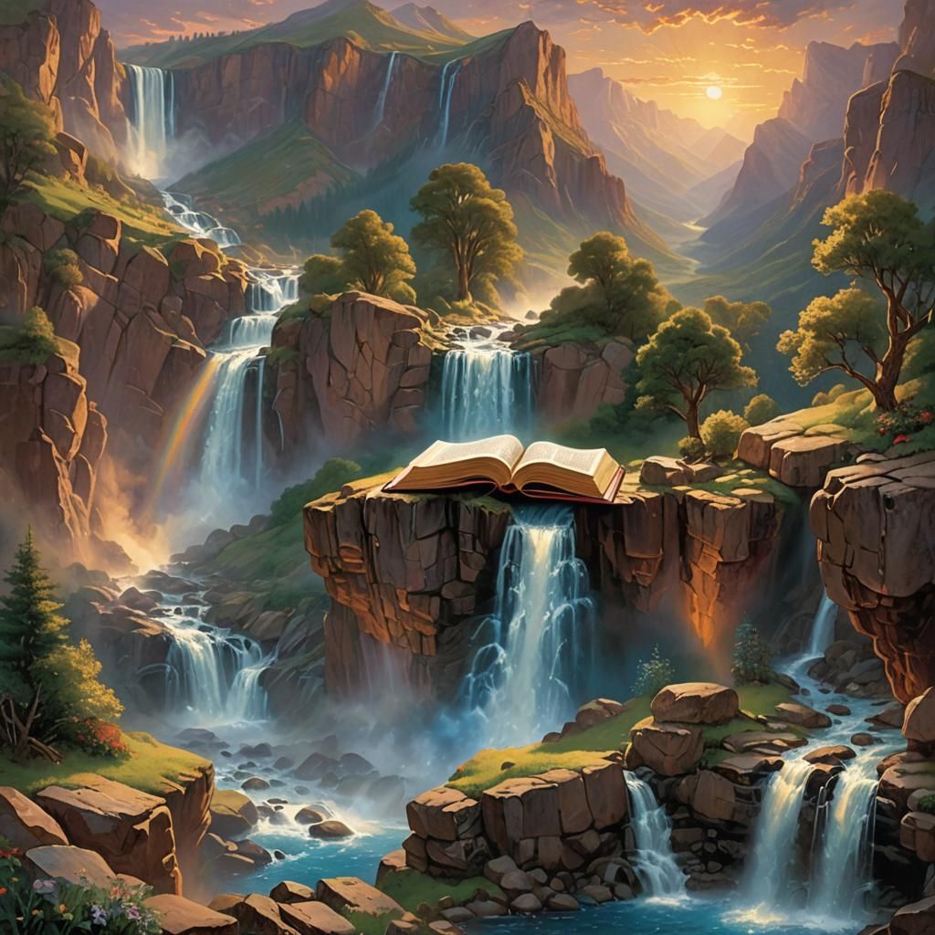 Radiant Bible in Mountain Landscape, Ethereal Art