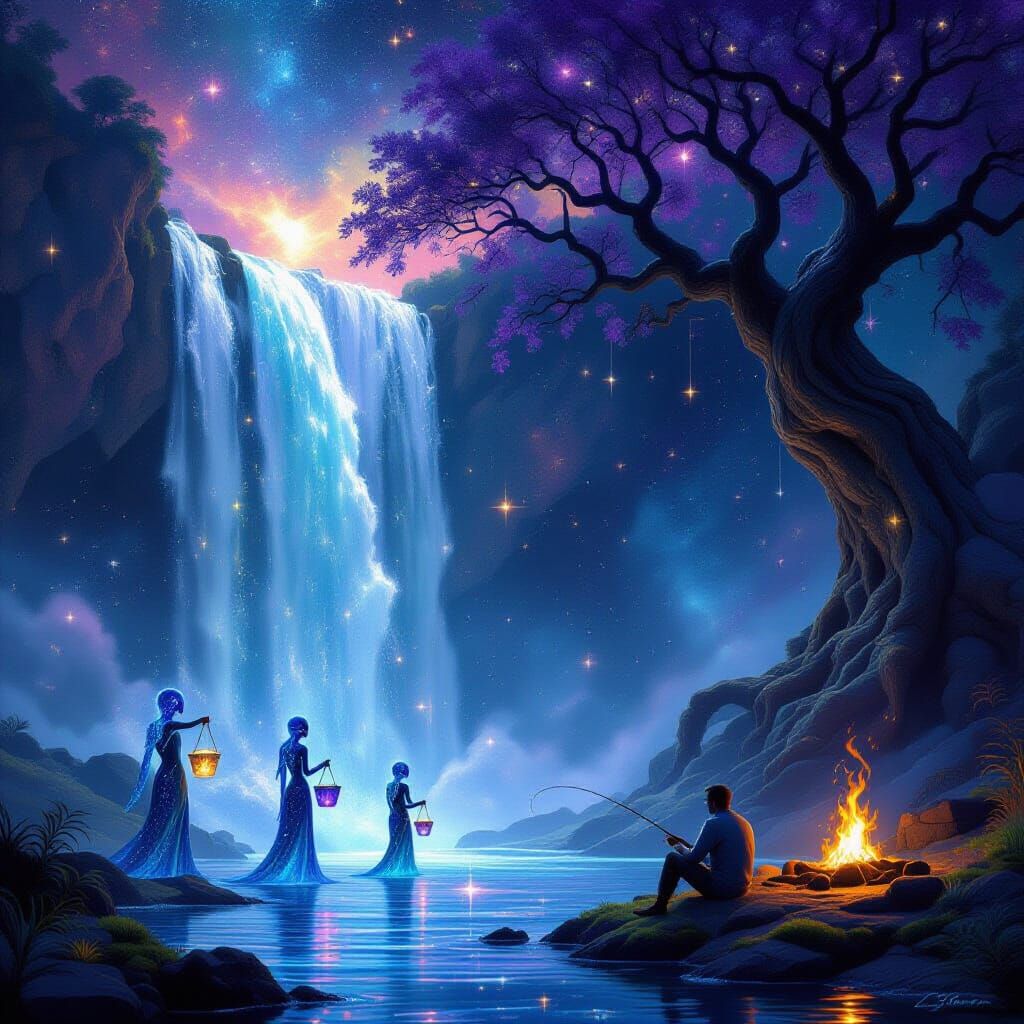 Celestial Waterfall of Stars with Aliens and Cosmic Angler