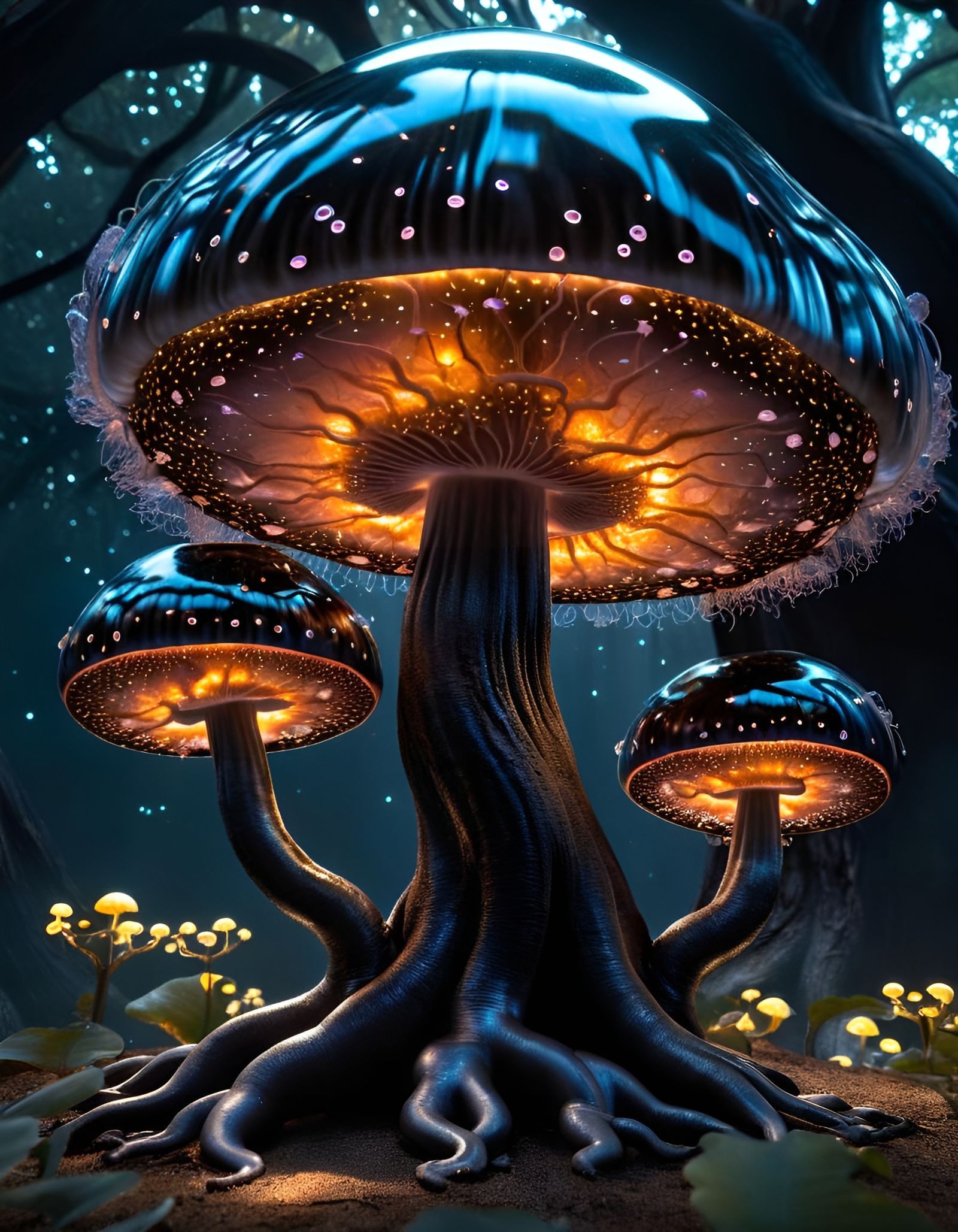 Bioluminescent Mushroom Tree of Life: Digital Illustration