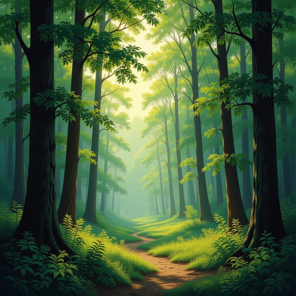Sunlit Forest in Impressionistic Style