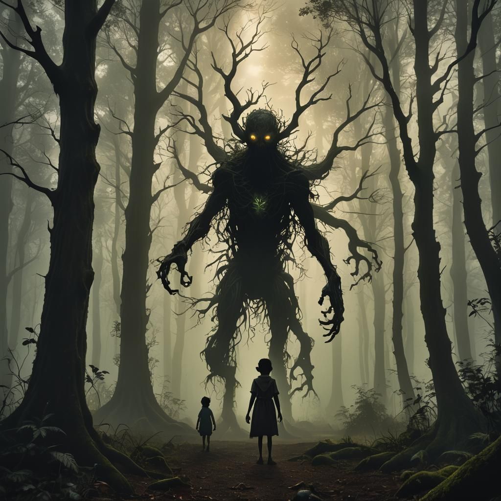 Eerie Forest Creature Watching Child, Expressionist Painting