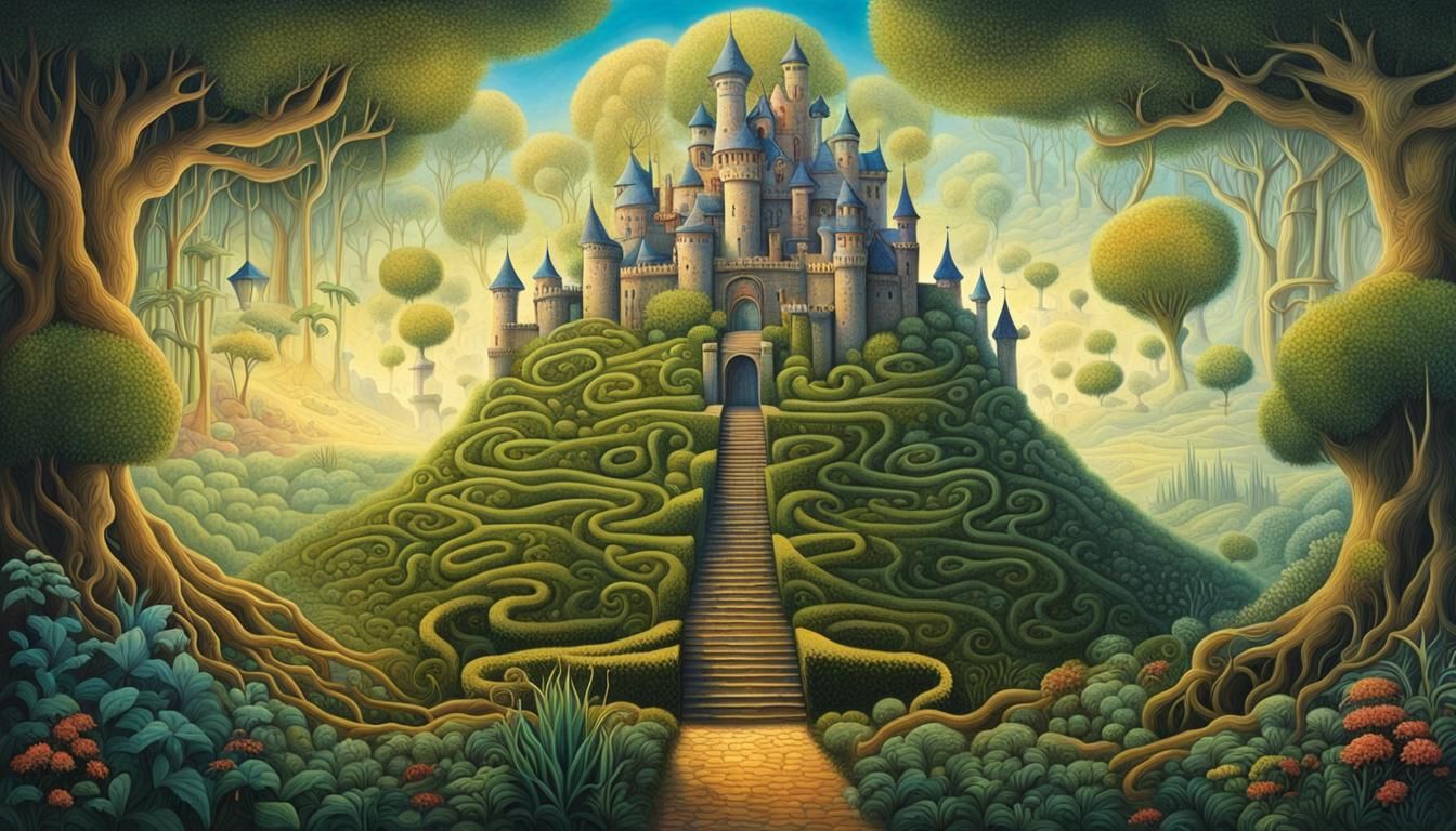 Botanical Realms: Plants Towering in a Surreal Maze