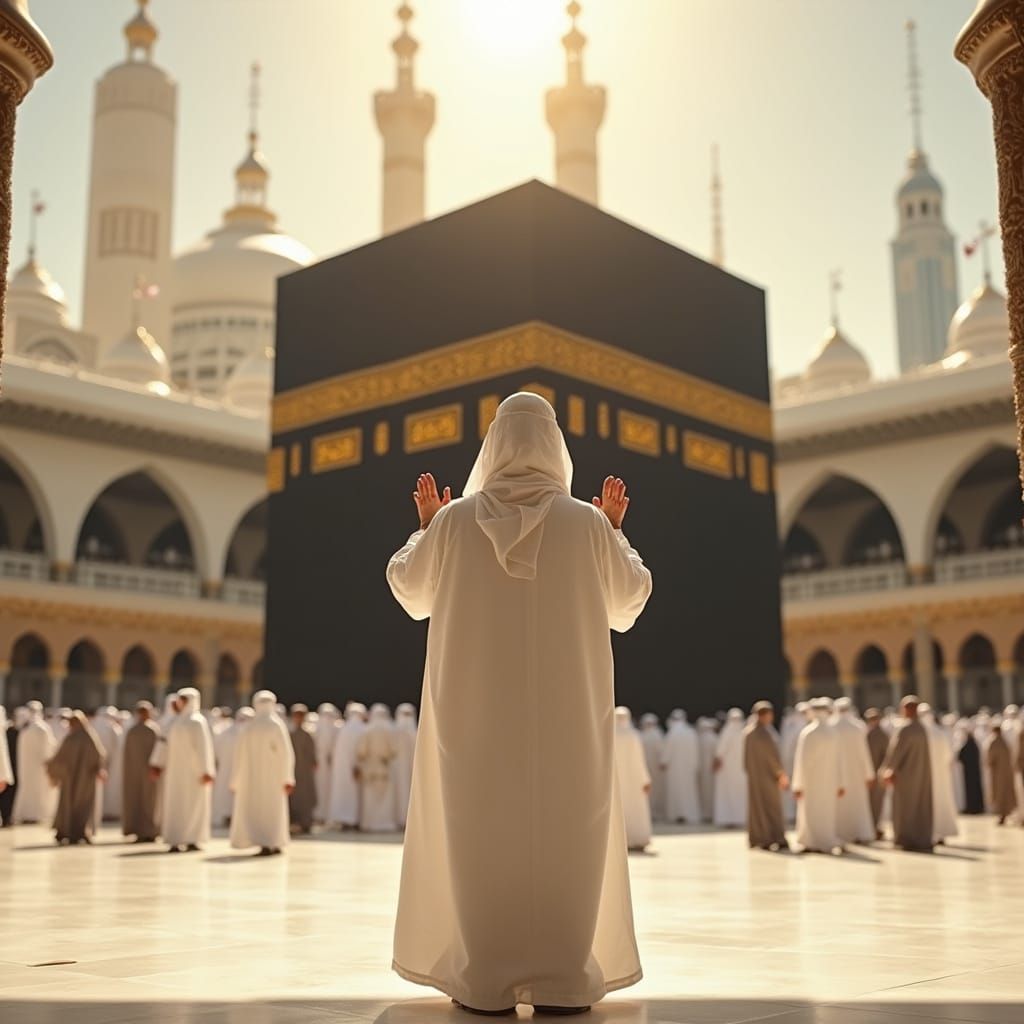 Devout Muslim Pilgrim Prays Before the Kaaba in Serene Morni...