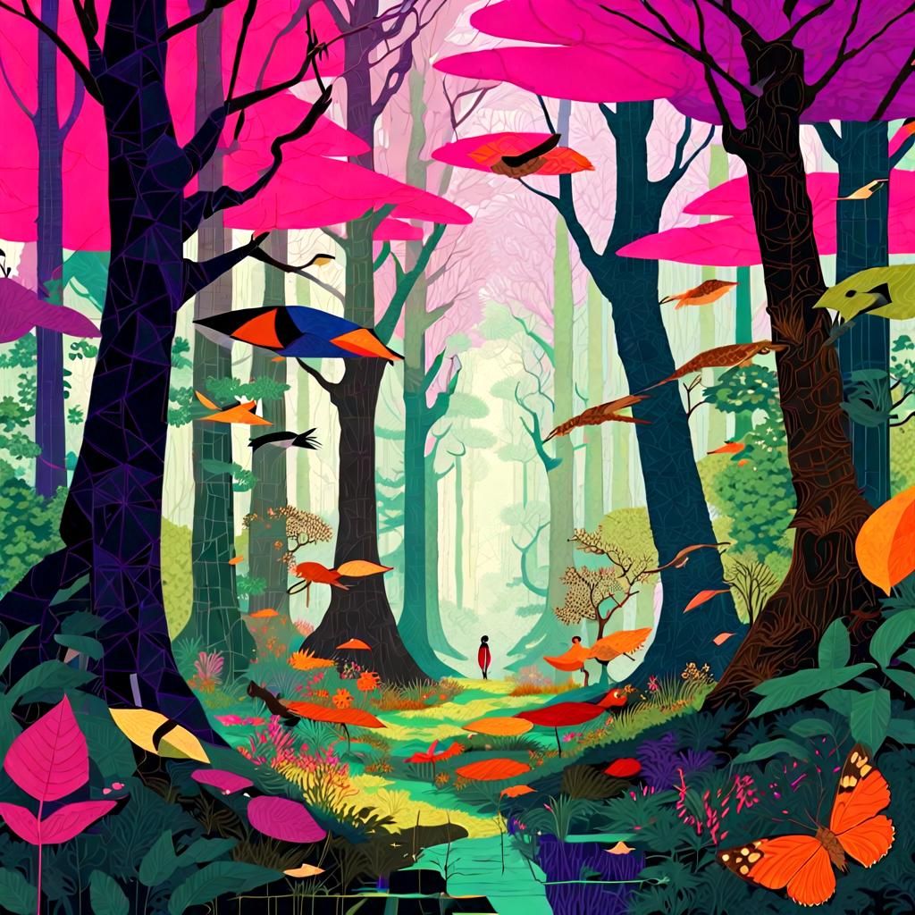 Enchanted Forest with Neon Colors and Wild Gods