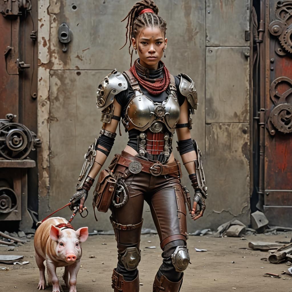 Cyborg Woman with Piglet: Hyperrealistic Detailed Rendering